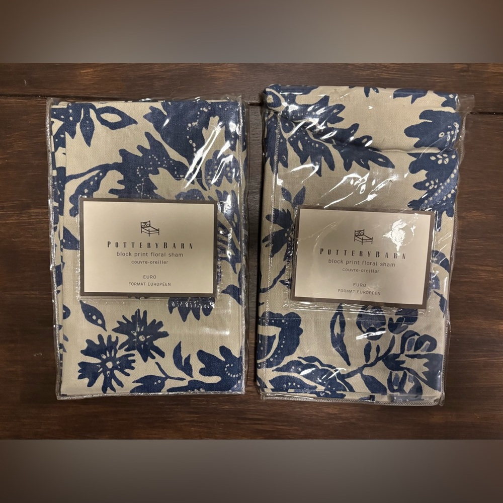 Pottery Barn Navy and Beige Floral Shams
